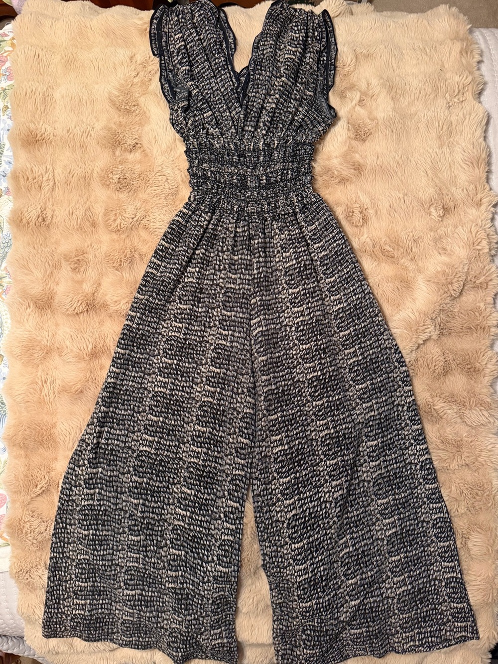 Max Studio Black & White Smocked-Waist Wide-Leg Jumpsuit with Pockets